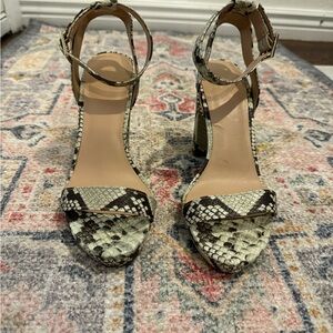 Mix No. 6 Snake Print Ankle Strap Block Heel in Cream and Black